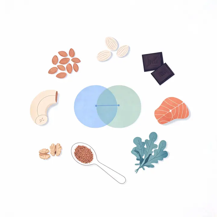 Magnesium and omega-3 rich foods laid out